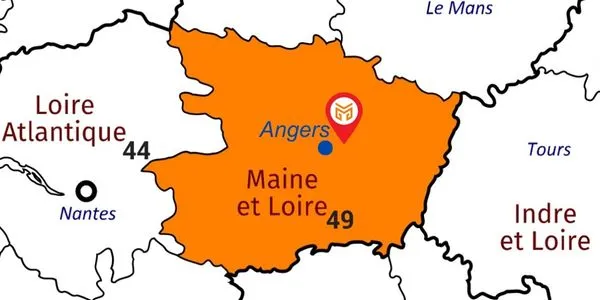 Carte du département du Maine et Loire montrant la zone d'intervention de l'agence de dessin technique Plans et Métal