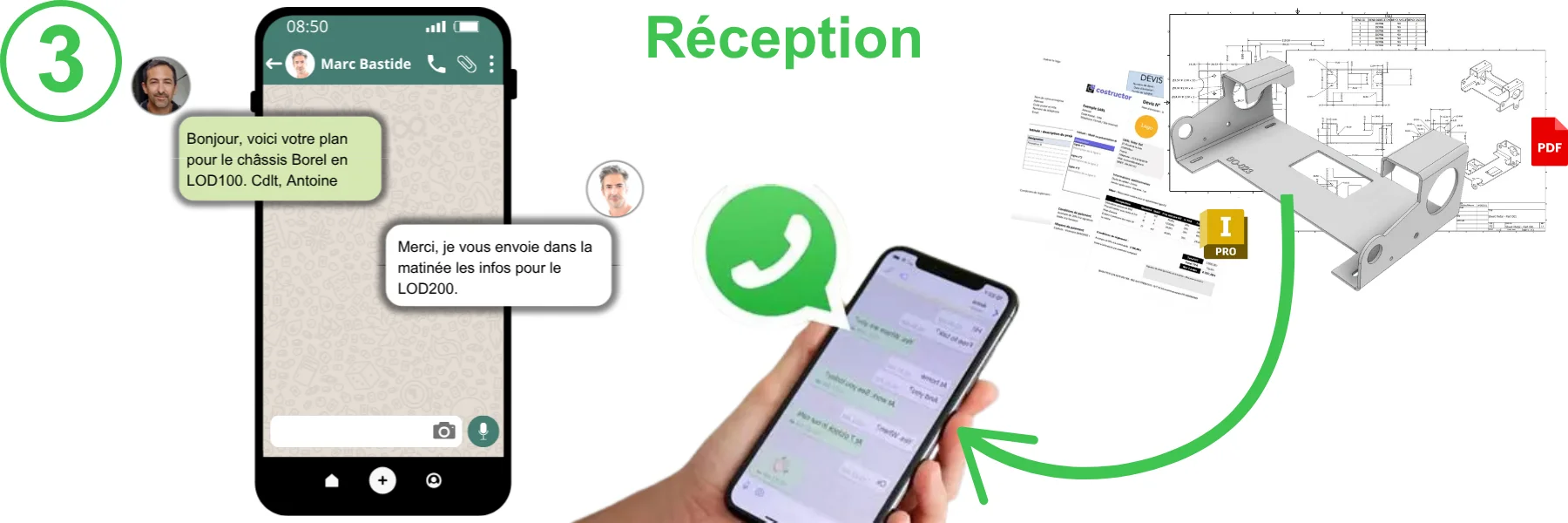 Explication visuelle du fonctionnement de Plans et Métal avec WhatsApp - Etape 3 réception des plans