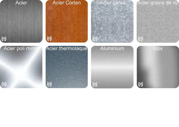 Gamme de matriaux en metal Gamme de matriaux en metal : acier brossé, acier Corten, acier alva, acier grain de riz, acier polimiroir, acier thermolaqué, aluminium