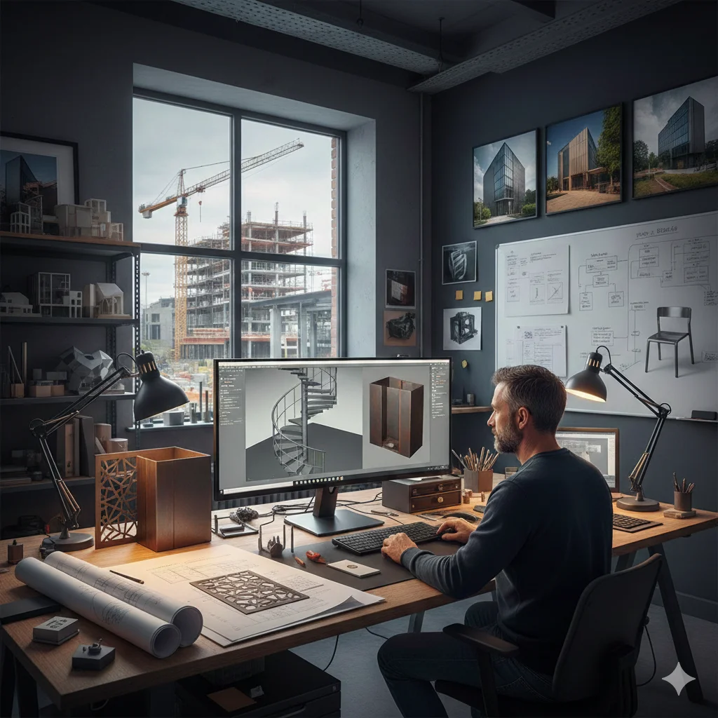 Un dessinateur industriel dessine un escalier métallique hélicoidal sur son ordinateur avec un logiciel de DAO. A travers on aperçoit un chantier de construction avec une grue. Des plans techniques sur les murs et des maquettes sur les étagères.