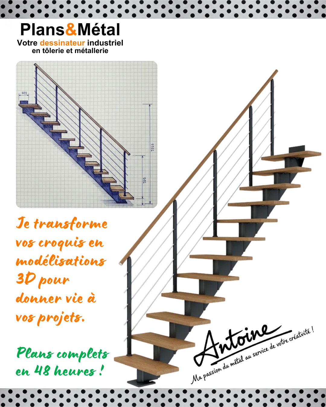 Du croquis à la modélisation 3D rapide : Donnez vie à vos projets en métal ! 

Artisans, PME de la métallerie, architectes et designers,

Vous tenez une commande, ou même un croquis, une idée, pour un escalier droit ou toute autre structure métallique ? Vous avez besoin de plans précis et d'une modélisation 3D pour lancer la fabrication ou valider un concept avec vos clients ?

En tant que dessinateur indépendant, je vous propose un service d'externalisation rapide et efficace pour transformer vos esquisses en modèles 3D détaillés et en plans techniques prêts à l'emploi. Fini le temps perdu à modéliser, concentrez-vous sur l'essentiel : la conception et la réalisation !

Voici un exemple d'escalier droit en métal, passé de l'idée au dessin technique détaillé, prêt pour l'atelier, en seulement 48 h ! 

Résultat : Des plans précis, une fabrication optimisée, un projet qui avance ! 🎯
N'hésitez pas à me contacter pour discuter de vos besoins.

Dans Google tapez "dessinateur industriel métal" puis sélectionnez le site "dessinateur-industriel" en ".eu"

Antoine, 
"Ma passion du métal au service de votre vision ! "