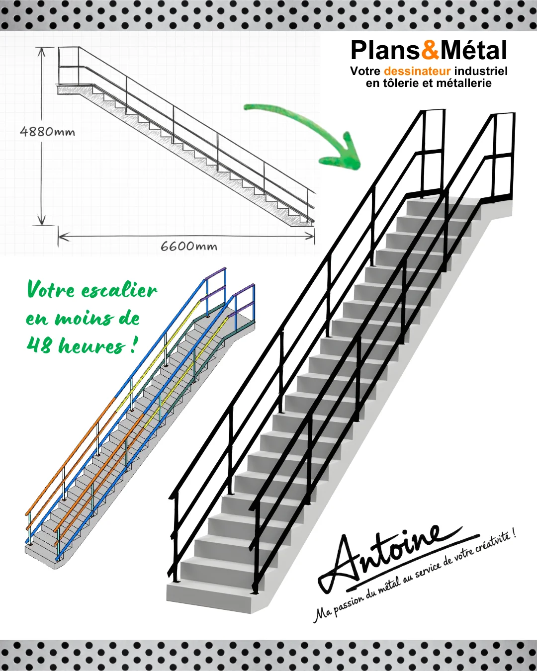 Dessinateur industriel spécialisé en tôlerie & métallerie – Escaliers métalliques

J’accompagne architectes, artisans et entreprises du métal dans la conception d’escaliers droits et hélicoïdaux, avec rampes et garde-corps, pensés dès le départ pour être fabricables et posables avec fluidité.

À partir d’un croquis, d’un principe architectural ou d’un simple échange téléphonique, je réalise une modélisation 3D complète intégrant contraintes techniques, assemblages, tolérances et logique atelier.

Une fois la conception validée, je fournis :
 – Les plans de fabrication détaillés
 – Les dépliés tôle si nécessaire
 – Les documents exploitables directement en atelier

Besoin d’un relais terrain ?
 Sur demande, je peux aussi identifier des artisans ou PME capables de fabriquer l’escalier, proches du chantier, et organiser des devis comparatifs pour sécuriser le projet.

🎯 Objectif : améliorer le lien entre conception, bureau d’études et atelier.
