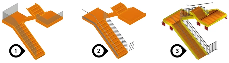 Schéma indiquant les 3 niveaux de détails sur mes plans techniques, dans le cadre d'une modélisation de rampes et de garde-corps pour une cage d'escaliers.
