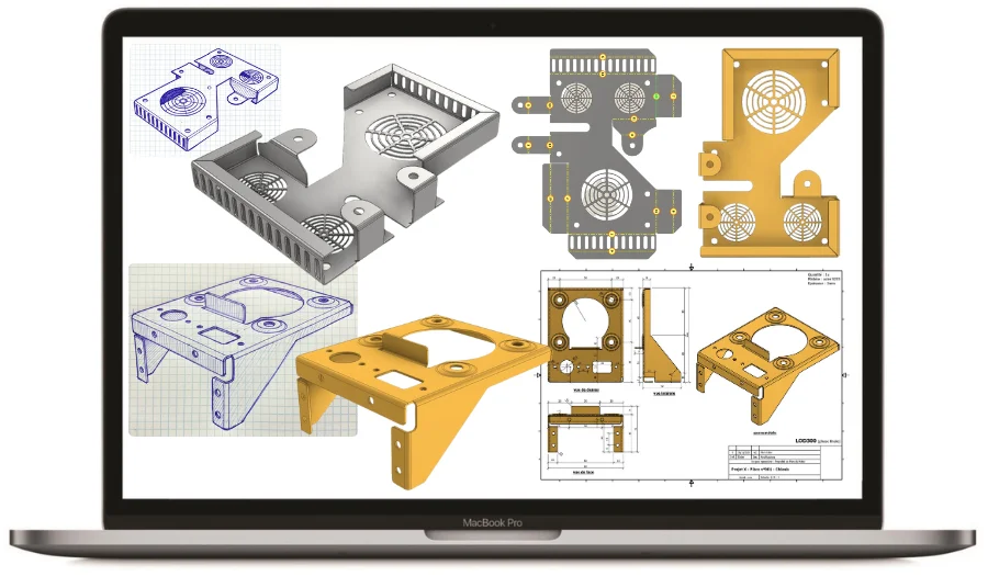 Presentation capots carters toles pliees 900x525px Représentation d'un ensemble de toles découpées au laser et pliées afin de créer des petits chassis support de machines eu des capots avec aérations pour protéger des composants de machines industrielles.