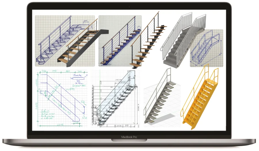 Presentation croquis escaliers 900x525px Exemples de 4 escaliers en métal ou béton, avec parfois des marches en bois, des cables tendus, ou des mains courantes en bois. On voit aussi toutes les étapes de la conception sur esquisse jusqu'au rendu final en passant des modélisations en DAO