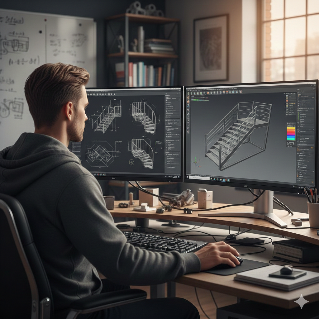 Un dessinateur industriel en train de modéliser des escaliers en métal sur ses 2 écrans.