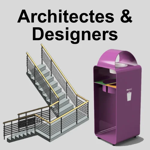 Vignette Catégorie Architectes et Designers 500x500px Vignette pour la catégorie "Les architectes et les designers". On voit en exemples un escalier mixte béton, métal, bois avec un palier intermédiaire, et une corbeille en métal de tri sélectif.